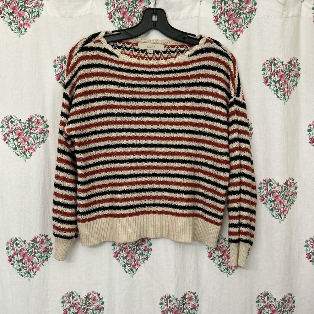 LOFT Striped Sweater - Black, orange, Cream